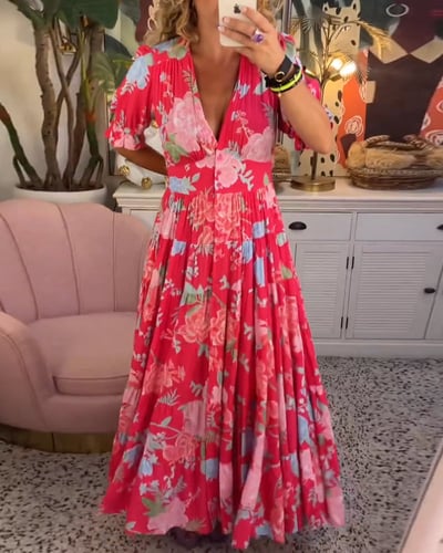 Aaliyah | Women's Floral V-neck Maxi Dress With Short Sleeves