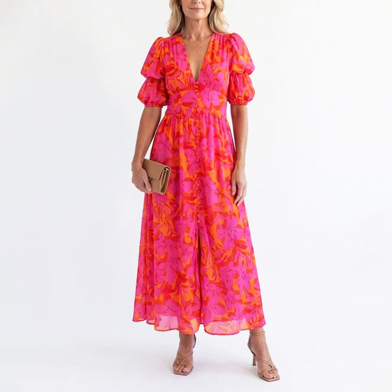 Linda | Women's Elegant Puff Sleeve Floral Summer Dress