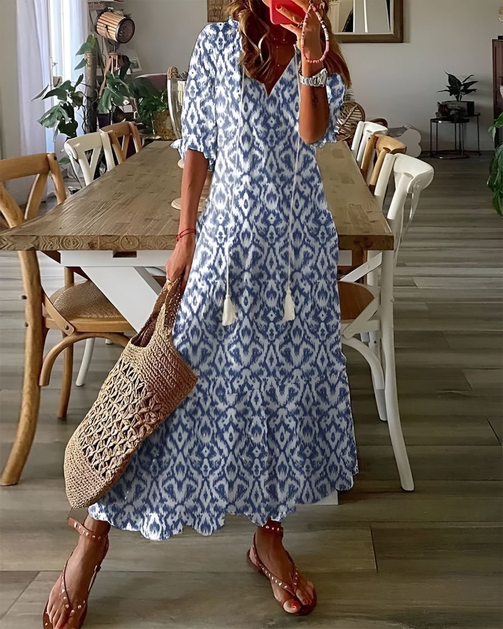 Amira | Women's Printed V-Neck Relaxed Fit Maxi Dress