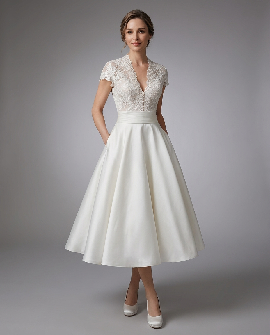 Pamela | Women's Lace V-Neck Midi Wedding Dress