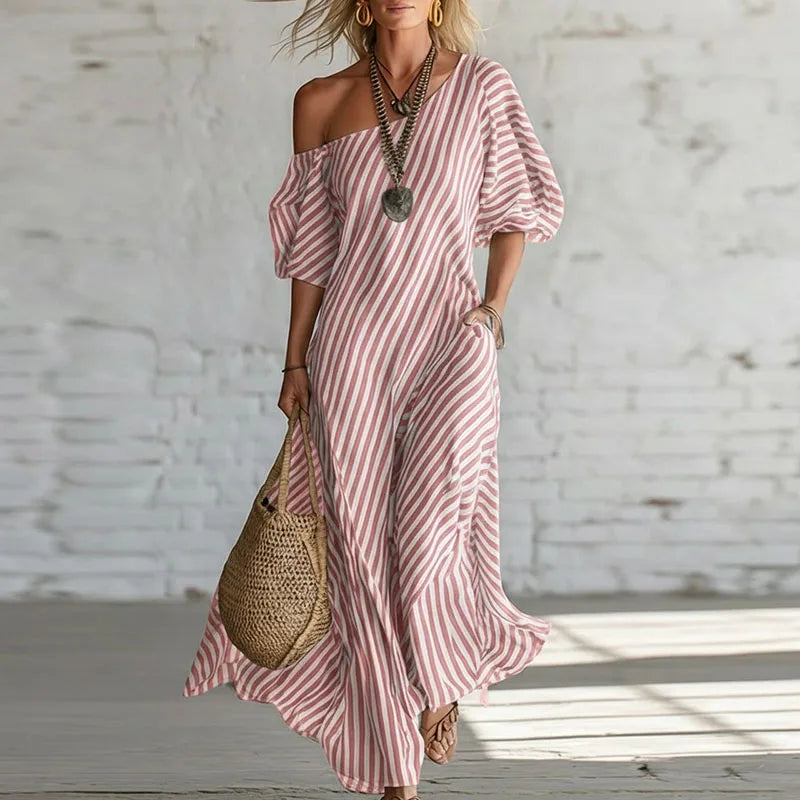 Ellia | Women's One Shoulder Striped Maxi Dress