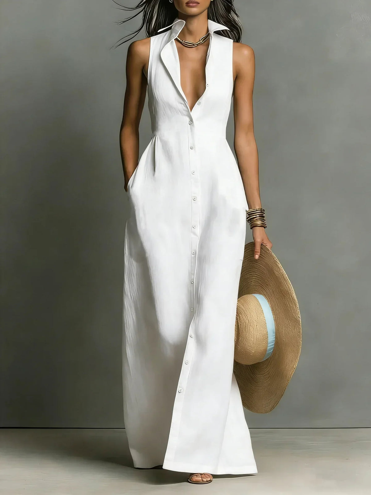 Anna | Women's Elegant Button Sleeveless Shirtdress