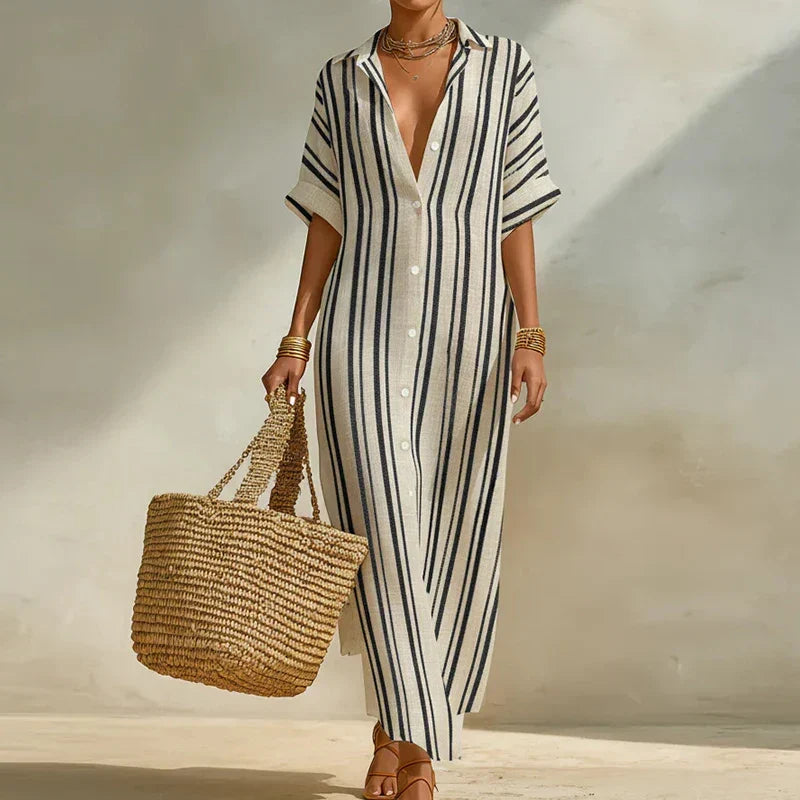 Elaine | Women's Summer Striped Linen Shirt Dress