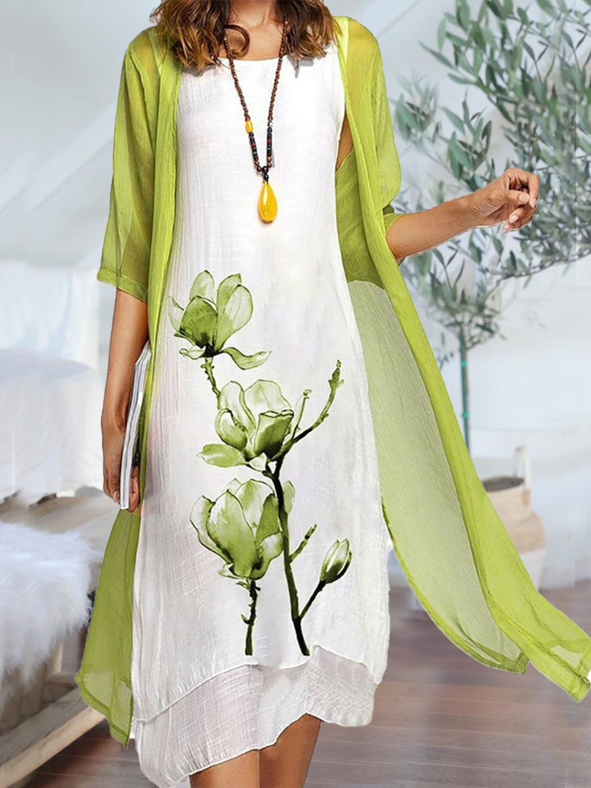 Dawn | Women's Layered Sleeveless Midi Dress With Chiffon Cardigan Set