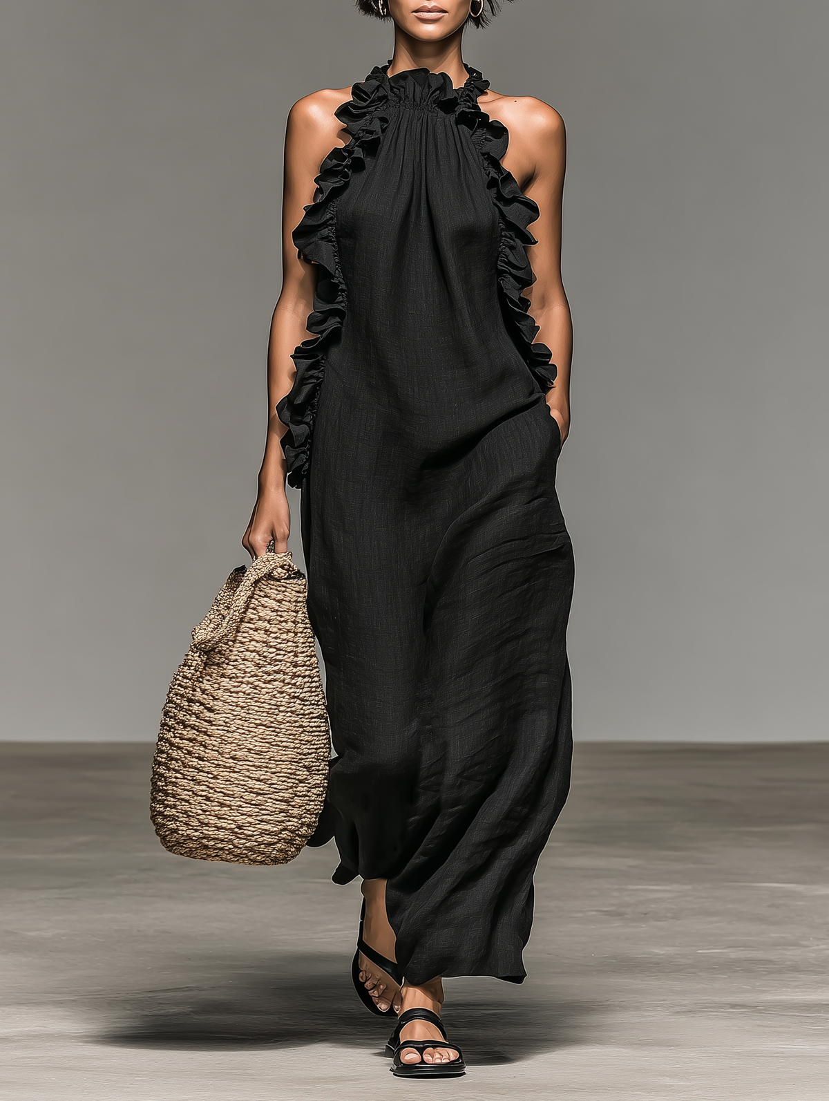 Jasmine | Women's Sleeveless Linen Ruffle Maxi Dress