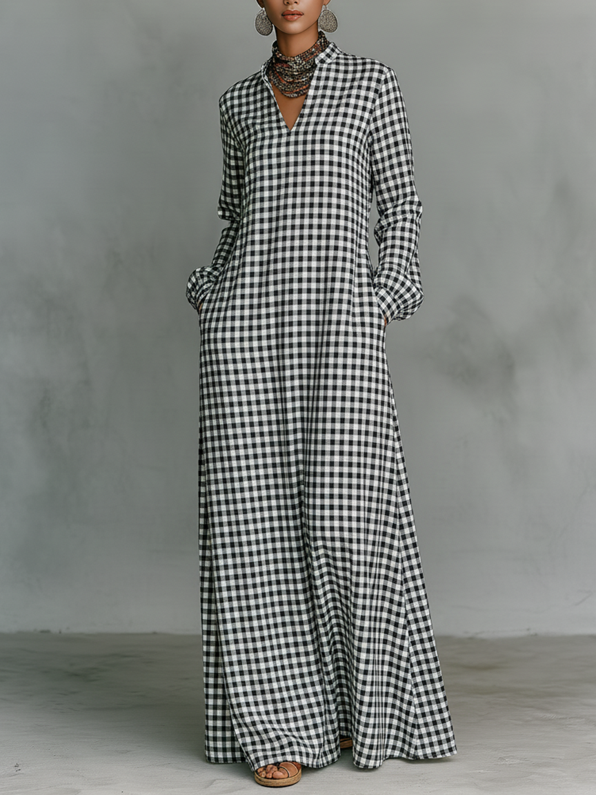 Claire | Women's Plaid Cotton Linen Maxi Dress