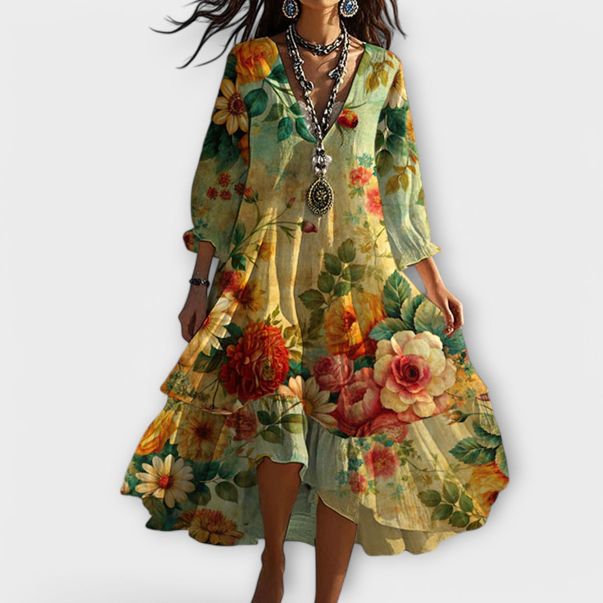 Genevieve | Women's V-Neck Summer Floral Midi Dress